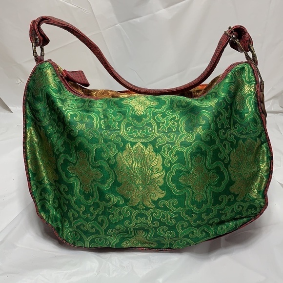 HOLII Green Orange Leather and Fabric Bag Eastern Indian Designs Gold leaf NWT - Picture 3 of 9